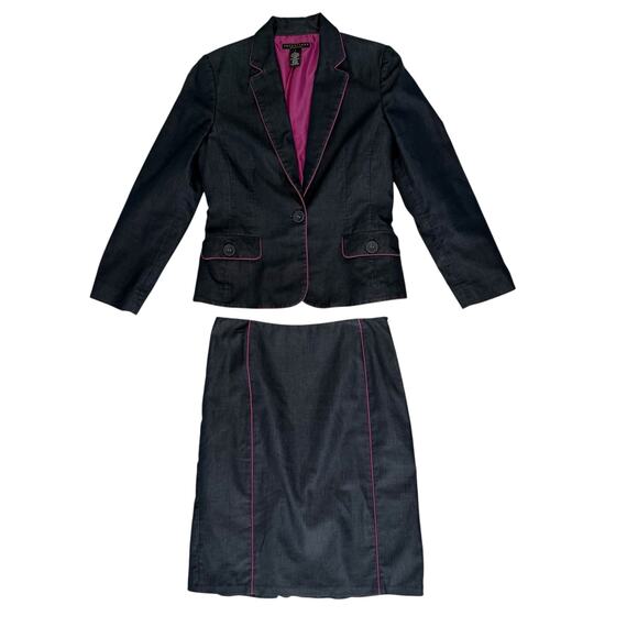 Vtg Apostrophe Blazer Skirt Suit Women Sz 8 Dark Blue Hot Pink Office 90s Work - Picture 1 of 16